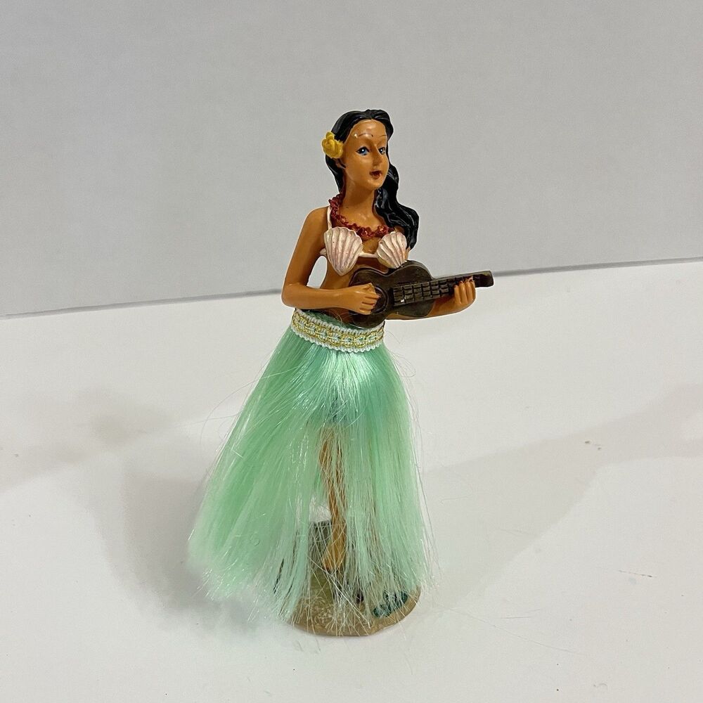 Hawaiian Hula Girl Dashboard Doll Ukulele Green Grass Skirt Spring Bobble Figure